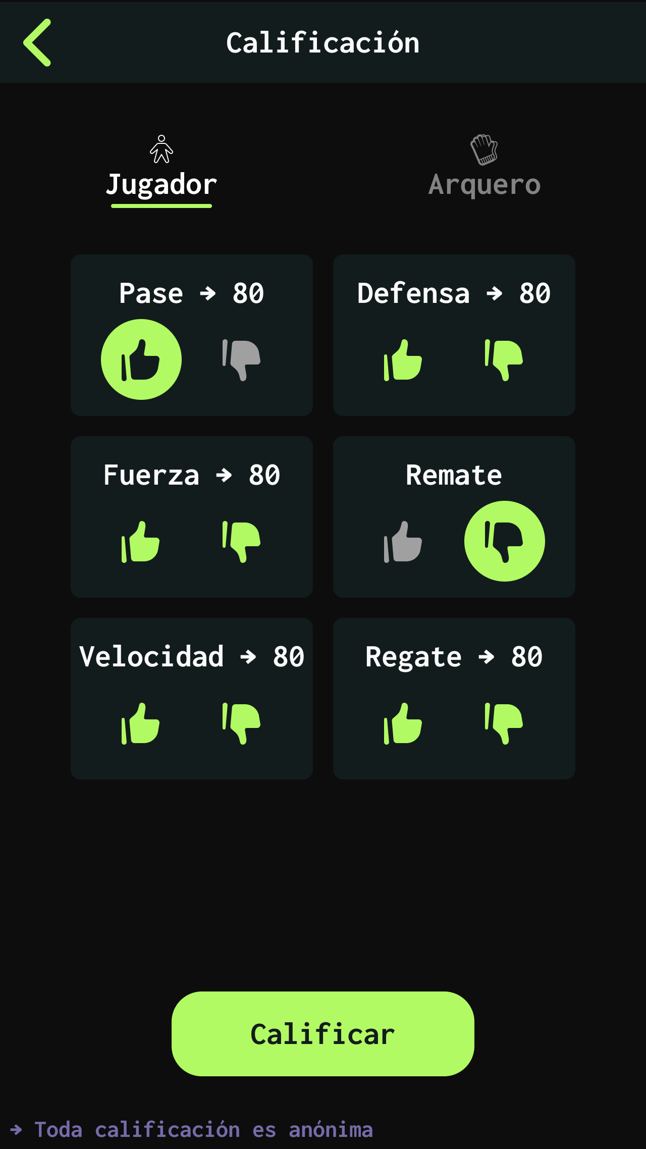 Adrenalina App - Calificación del Jugador